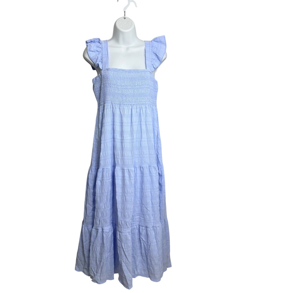 Womens Light Blue Seersucker Smocked Tiered Maxi Dress Ruffle Strap Size M